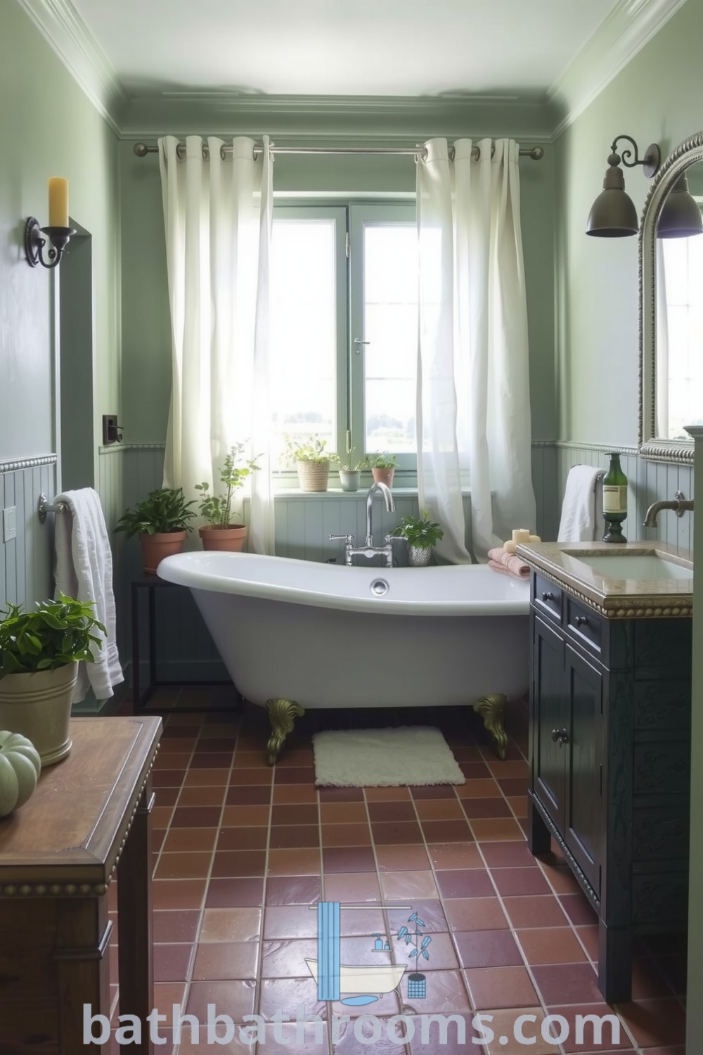 Cozy Provence bathroom featuring soothing green hues, rustic terracotta tiles, a freestanding tub surrounded by herbs, and a reclaimed wood vanity, offering a refreshing and inviting atmosphere. Discover inspiring decor ideas for your home at bathbathrooms.com.