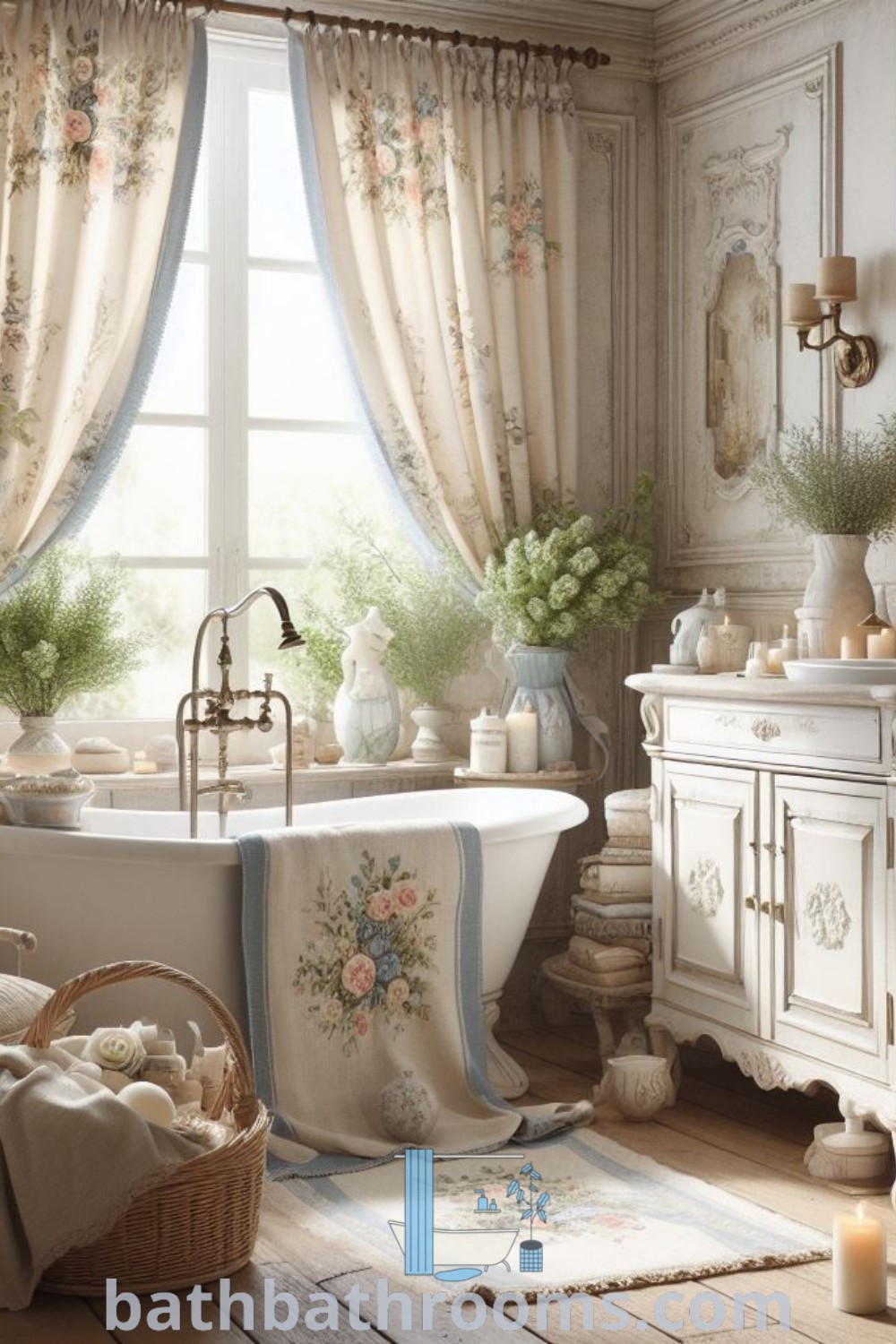 A cozy bathroom featuring a tub, sink, and mirror with rugs on a wooden floor, inspired by French Country decor. The vintage elements and inviting design create a charming atmosphere perfect for relaxation. Explore more decor ideas for your home at bathbathrooms.com.