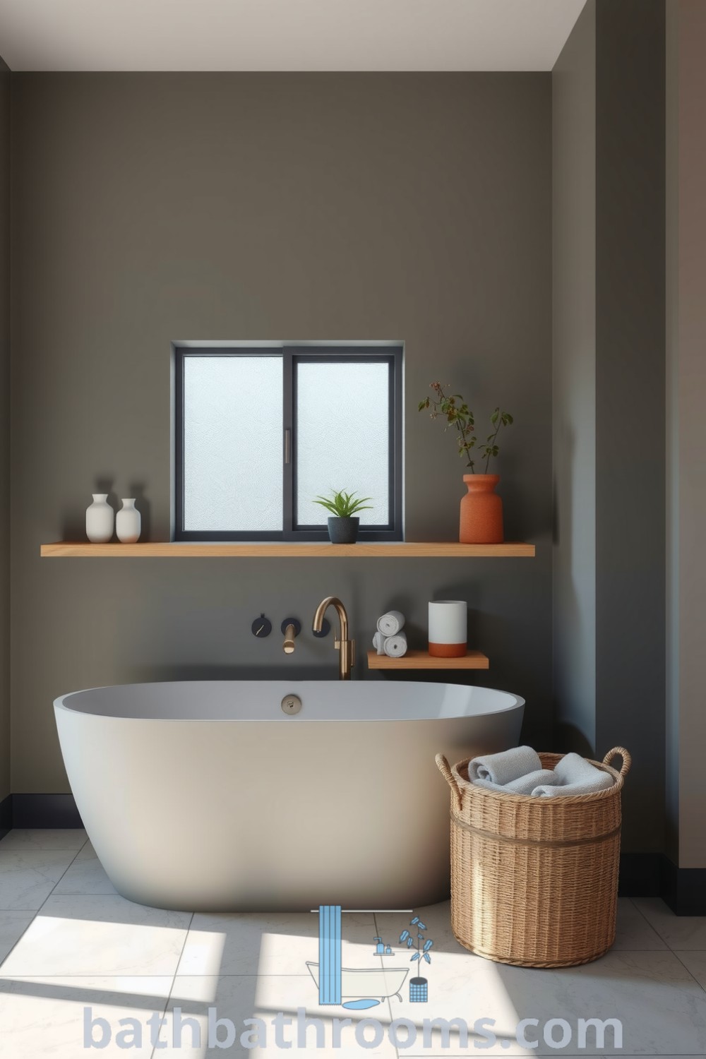 Minimalist bathroom featuring an ash-colored tub, grayish walls, matte wood shelves with ceramic pots and green plants, and a unique stone floor. Discover cozy decor ideas and inspirations for perfect style fusion at bathbathrooms.com.