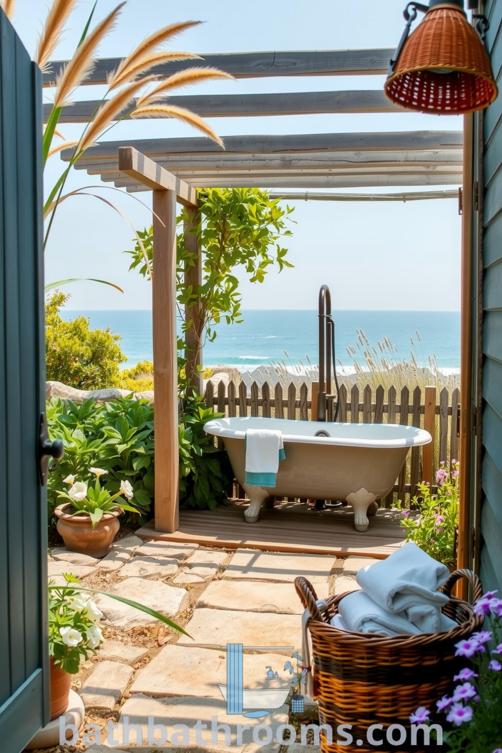 Coastal outdoor bathroom featuring weathered wood accents, a freestanding tub on a wooden deck, and flowering shrubs, evoking a tranquil atmosphere. Discover inspiring decor ideas for a cozy home at bathbathrooms.com.