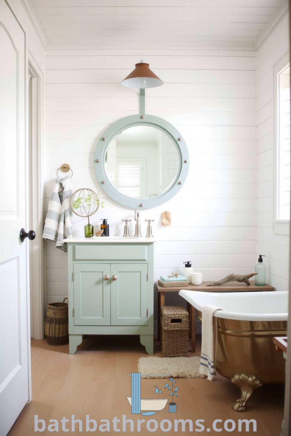 Nautical bathroom with soft white shiplap walls, a seafoam green vanity, a vintage metal bathtub, and coastal decor like driftwood and seashells, creating a serene and inviting atmosphere. Discover unique decor ideas for your home at bathbathrooms.com.