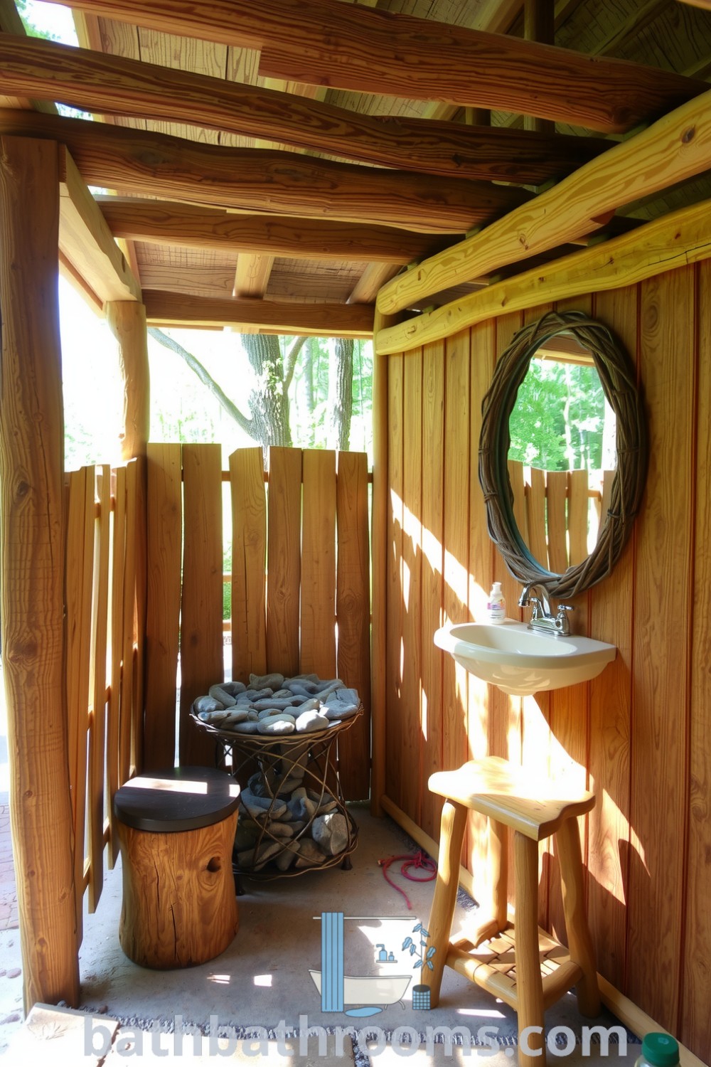 Rustic outdoor bathroom with weathered wooden beams, a stone floor, river stone sink, and log stool, creating a cozy and tranquil retreat in nature. Discover more inspiring decor ideas for your home at bathbathrooms.com.
