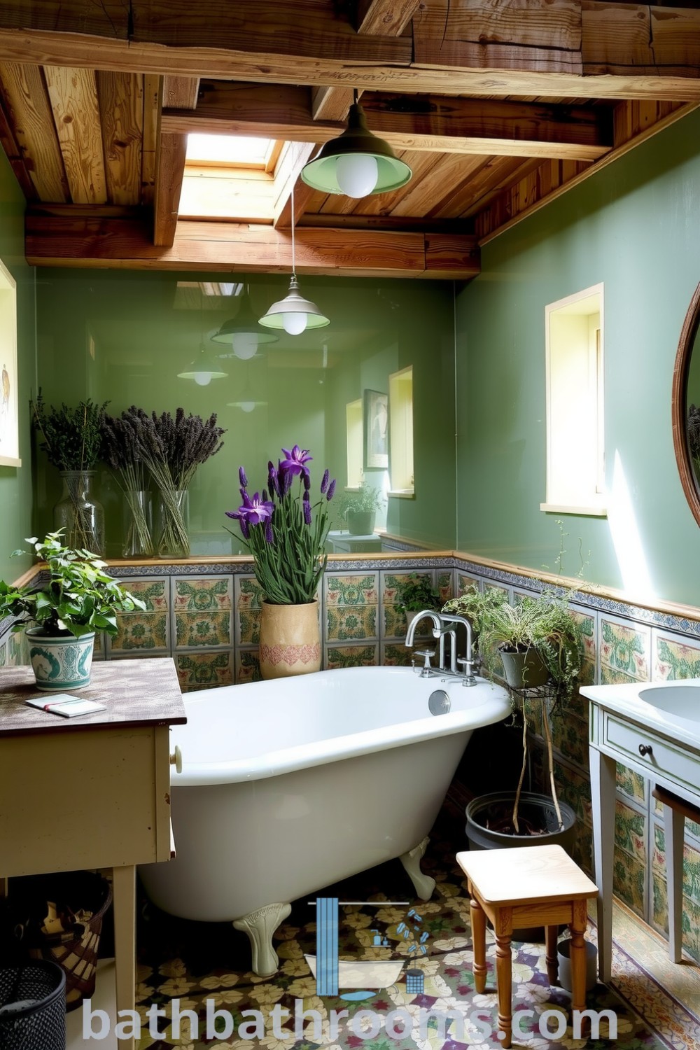 Cozy Provence bathroom featuring soothing green tones, hand-painted tiles, a clawfoot tub, potted plants, and dried herbs, creating a tranquil and inviting retreat. Discover more decorating ideas at bathbathrooms.com.