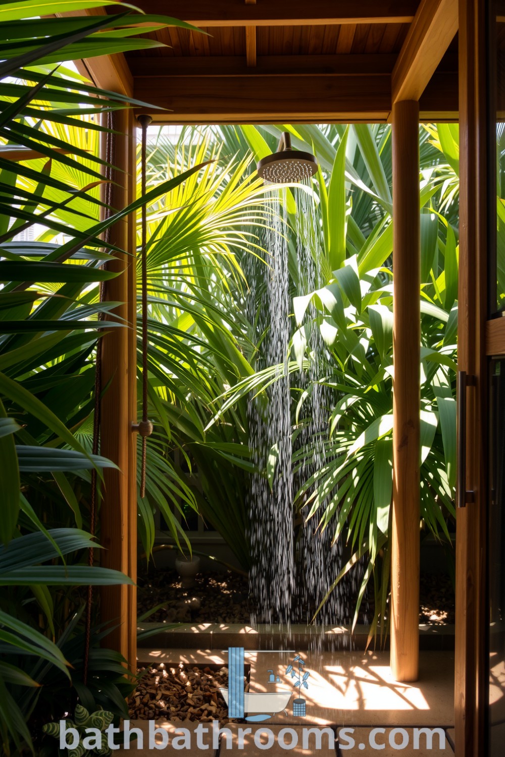 Tropical outdoor shower with a wooden frame, lush green vines, weathered brass showerhead, and smooth stones underfoot, creating a cozy escape in nature. Discover inspiring decor ideas for your home at bathbathrooms.com.