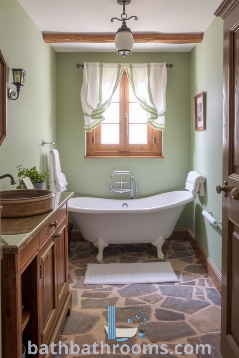 Cozy Provence bathroom featuring soft sage walls, a vintage clawfoot tub, rustic wood accents, and stone tiles, creating a serene and inviting atmosphere. Discover unique decor ideas for your home at bathbathrooms.com.