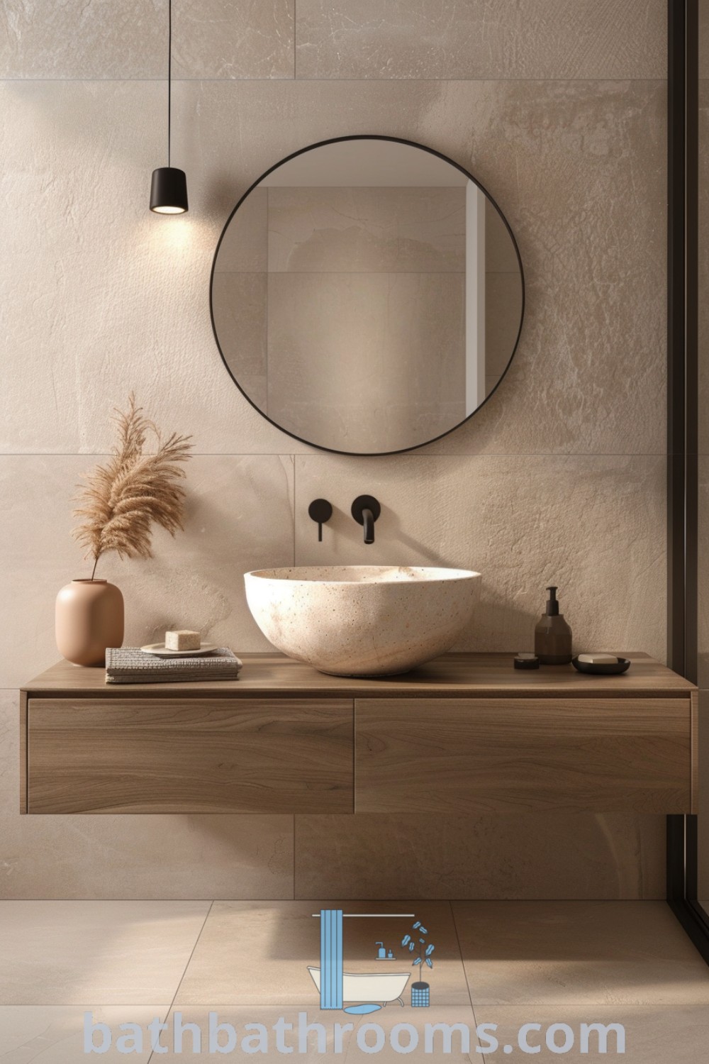 An elegant organic modern bathroom featuring a round mirror above the sink, decorated in cream and beige tones. This natural bathroom design is perfect for cozy aesthetics and offers inspiring decor ideas for a serene washroom experience. Explore more at bathbathrooms.com.