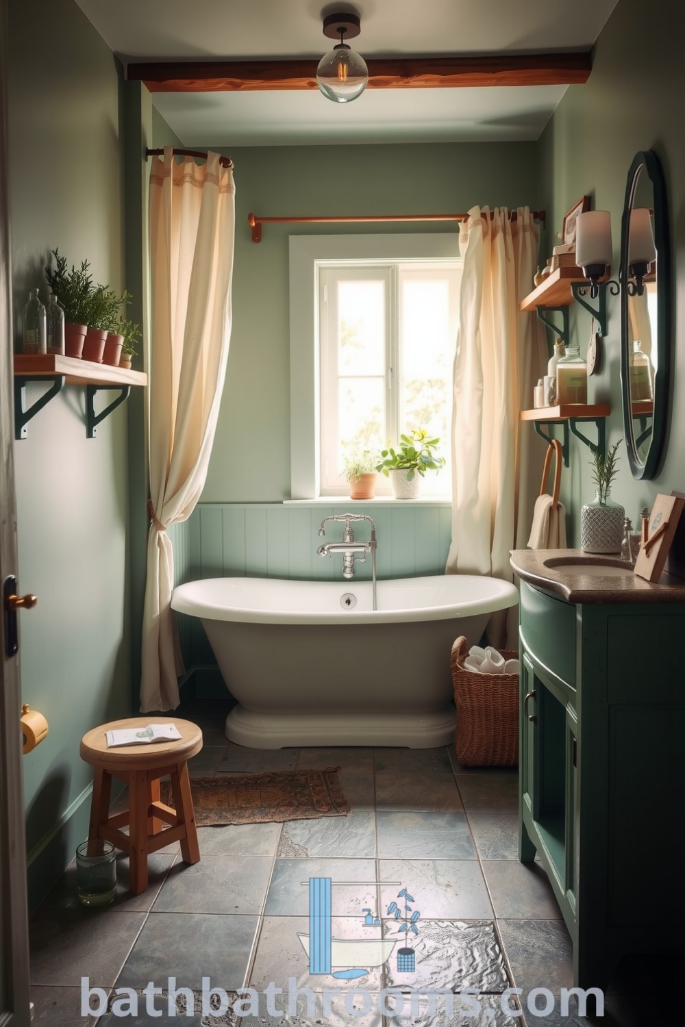 Cozy Provence bathroom featuring soft green hues, a freestanding bathtub, stone-tiled floor, wooden shelves with potted herbs, and vintage glass jars, creating an inviting and serene atmosphere. Discover more decor ideas for your home at bathbathrooms.com.