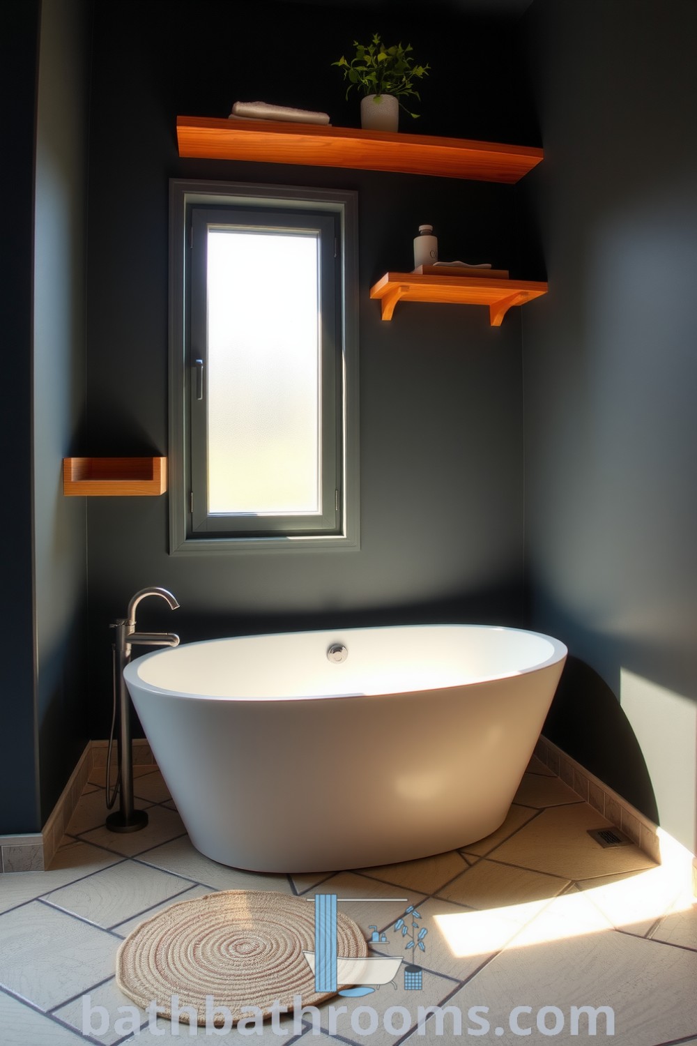 Minimalist bathroom featuring graphite walls, a freestanding tub, exposed stone tiles, natural light through a frosted window, and a potted plant, creating a serene and inviting atmosphere. Discover more design ideas for your home at bathbathrooms.com.
