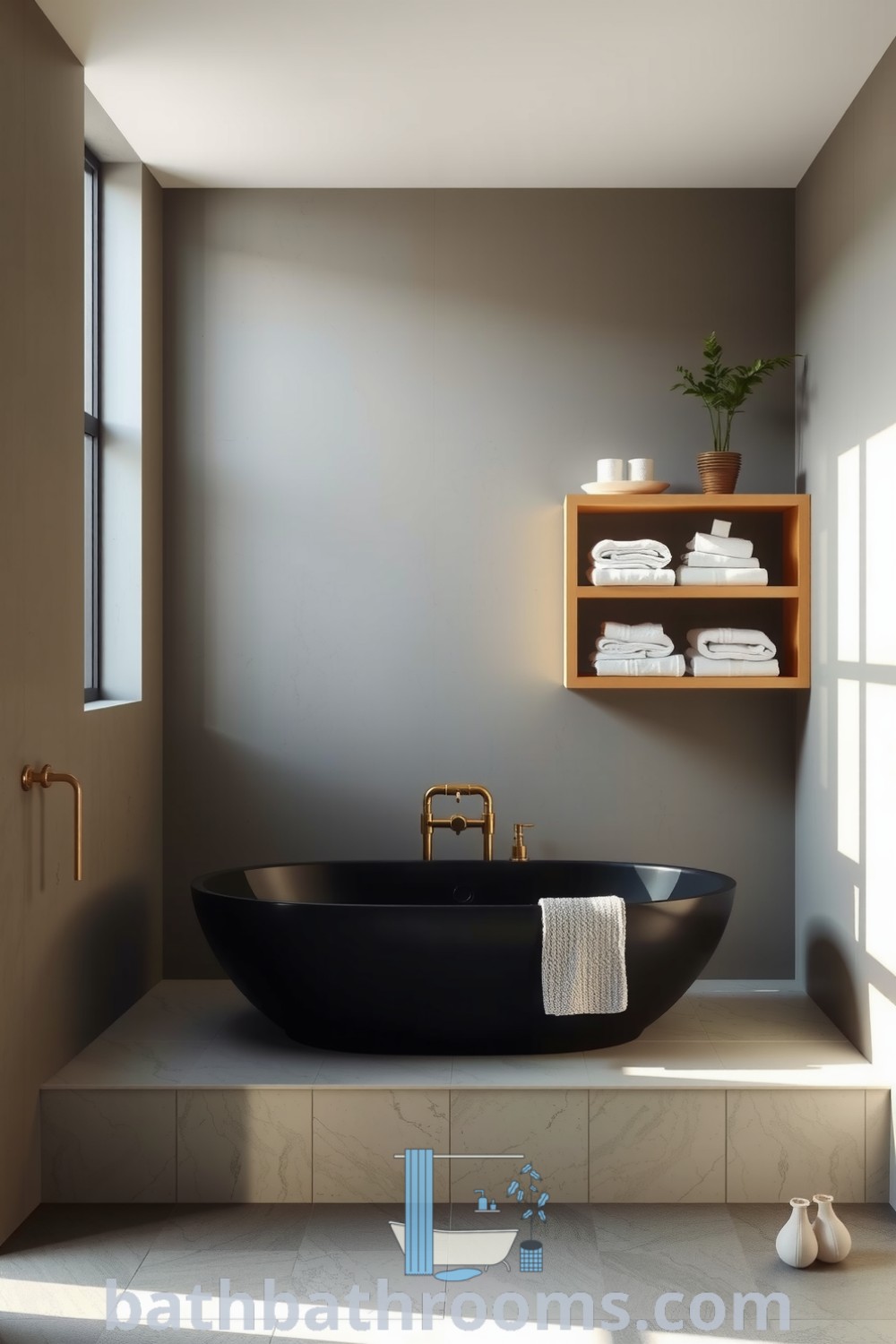 Minimalist bathroom in shades of graphite with a deep tub, pale cement walls, wooden shelving with towels, natural light from a frosted window, and a plant adding greenery. Discover inspiring decor ideas for a cozy home at bathbathrooms.com.