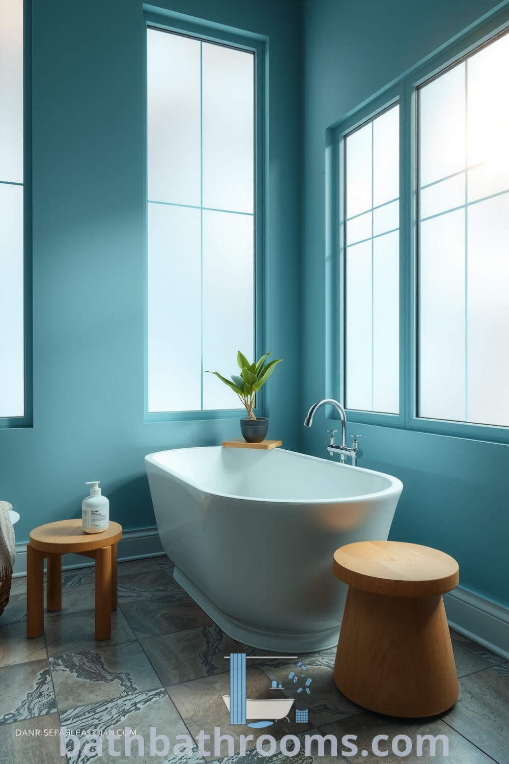 Minimalist bathroom with calming cyan accents, a freestanding tub, wooden stool with toiletries, textured stone tiles, and a potted plant, all creating a tranquil atmosphere. Discover unique decor ideas for your home at bathbathrooms.com.