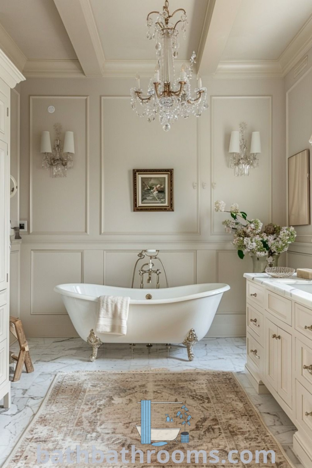 A white bathtub sitting in a Tudor-style bathroom next to a sink and a chandelier, enhancing the cozy and traditional aesthetic. This elegant design exemplifies Georgian interiors and celebrates unique ideas for your home. Discover more decor inspirations at bathbathrooms.com.