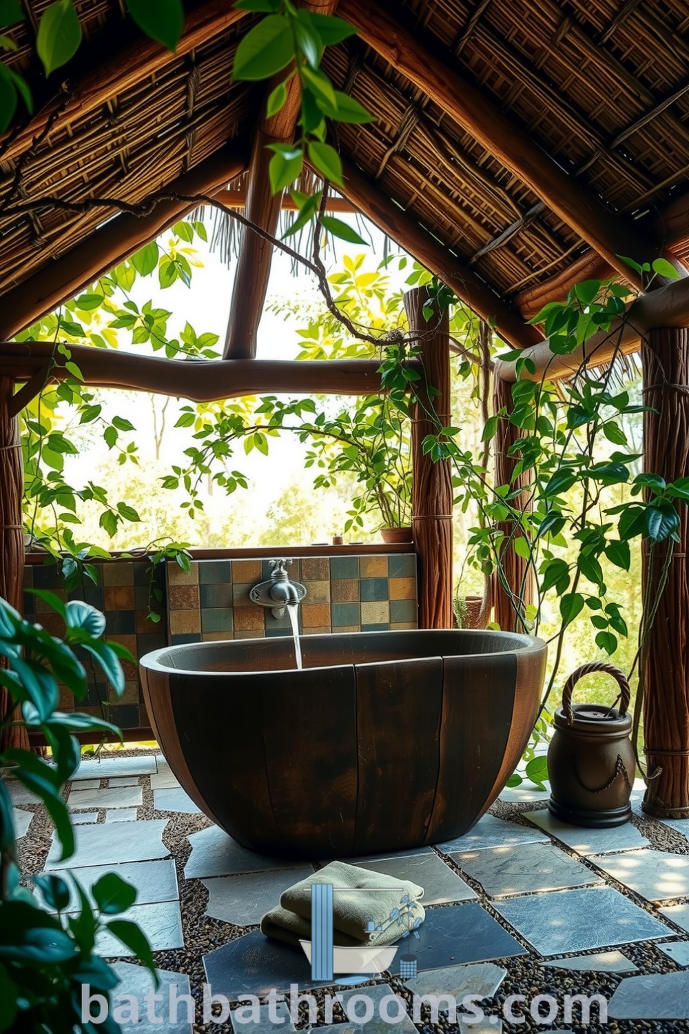 Cozy outdoor bathroom featuring a freestanding wooden tub, rustic wooden beams, a thatched roof, and lush greenery, creating a serene and inviting space. Discover inspiring decor ideas for your home at bathbathrooms.com.
