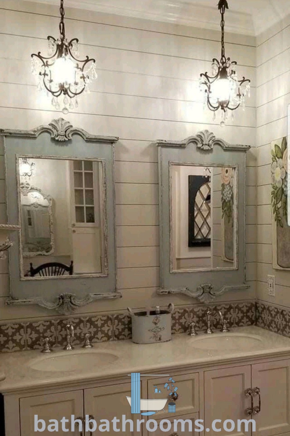 A stylish bathroom showcasing two sinks, three mirrors, and cozy decor elements inspired by French country aesthetics. Perfect for master bath designs and bathroom decor ideas, this layout maximizes both style and functionality. Discover more unique ideas at bathbathrooms.com.