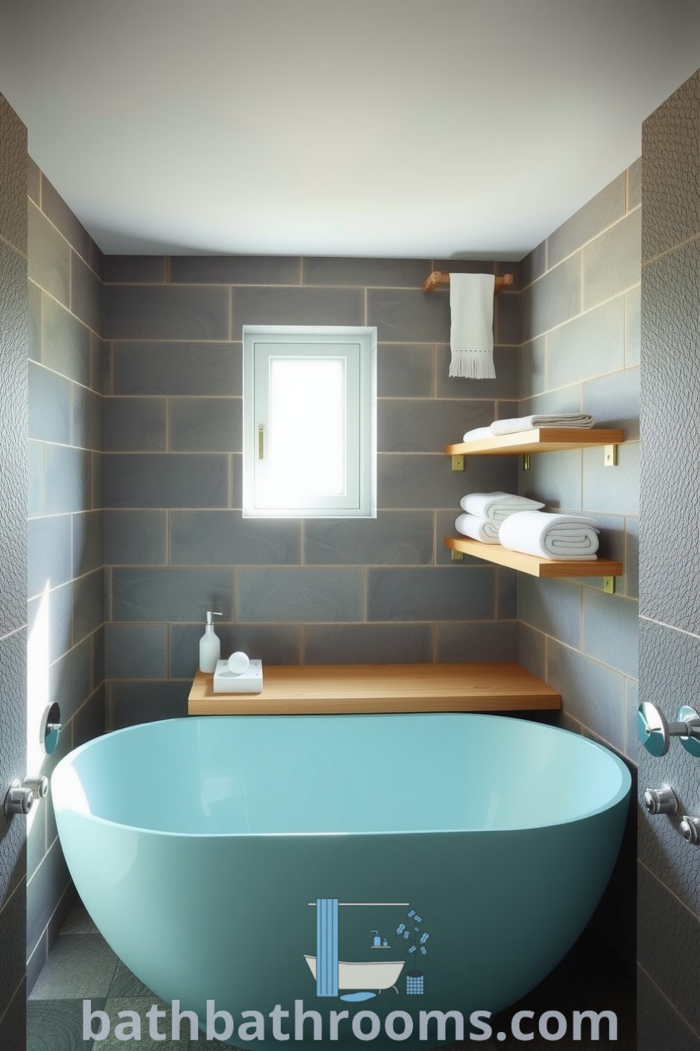 Cozy minimalist bathroom featuring a turquoise tub against gray stone walls, warm wooden accents, and polished metal fixtures, creating an inviting space for relaxation. Discover inspiring decor ideas for small spaces at bathbathrooms.com.