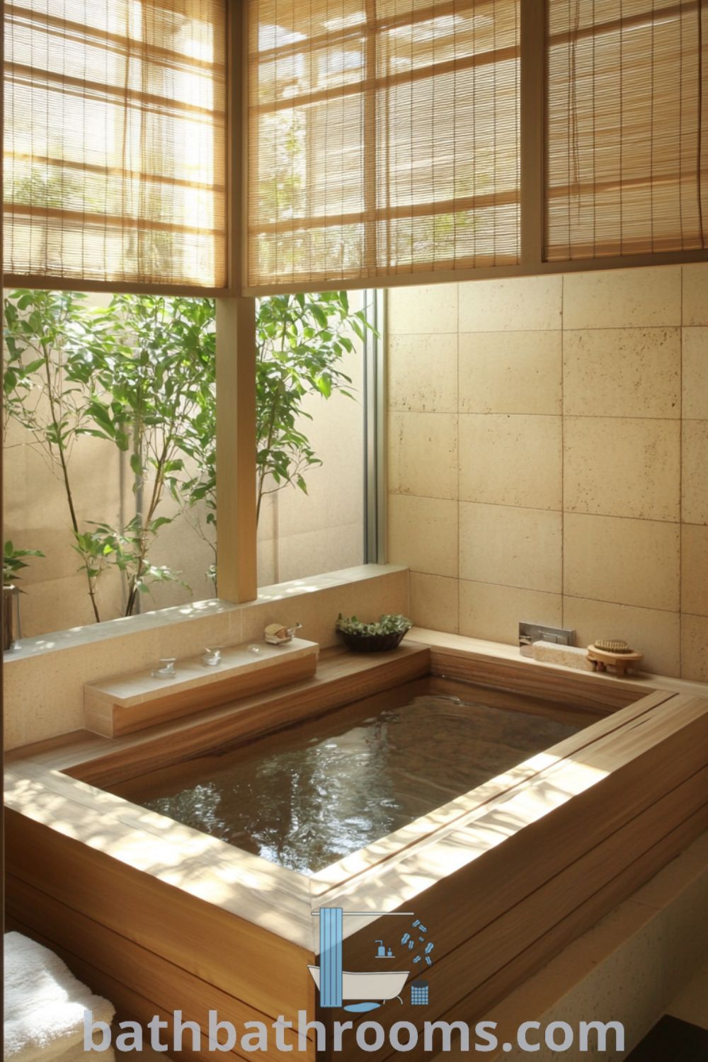 Cozy Japanese bathroom with Hinoki cedar tub, smooth stone walls, bamboo accents, and natural light filtering through shoji screens, creating a serene ambiance. Explore more decor ideas for your home at bathbathrooms.com.
