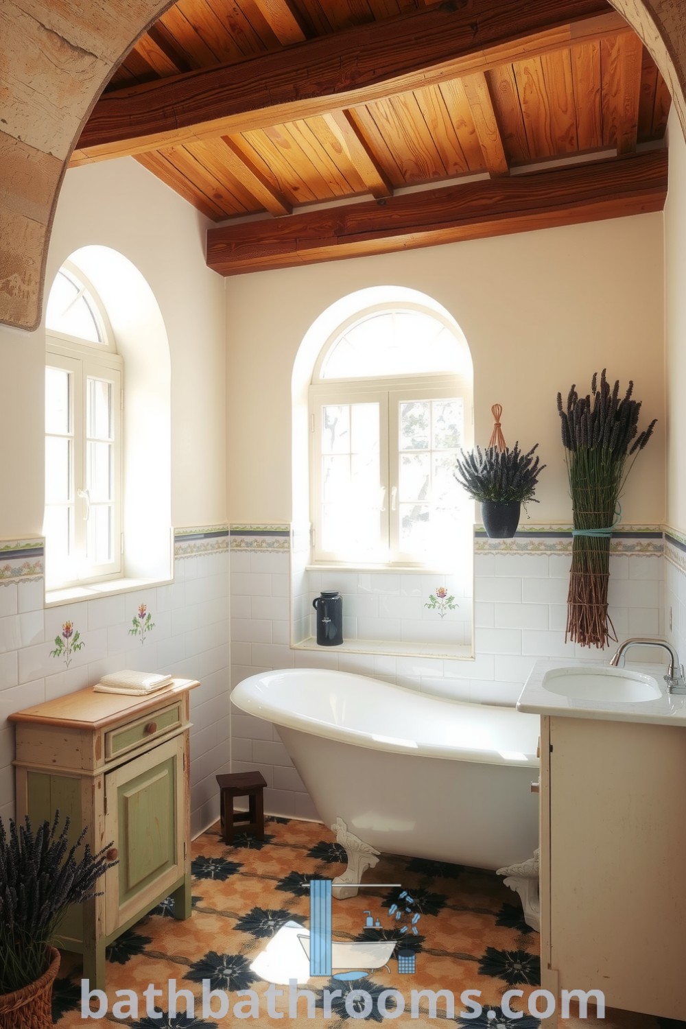 Cozy Provence bathroom featuring warm sunlight, rustic wood beams, a vintage clawfoot tub, hand-painted floral tiles, and dried lavender for a peaceful atmosphere. Discover inspiring decor ideas for a cozy home at bathbathrooms.com.