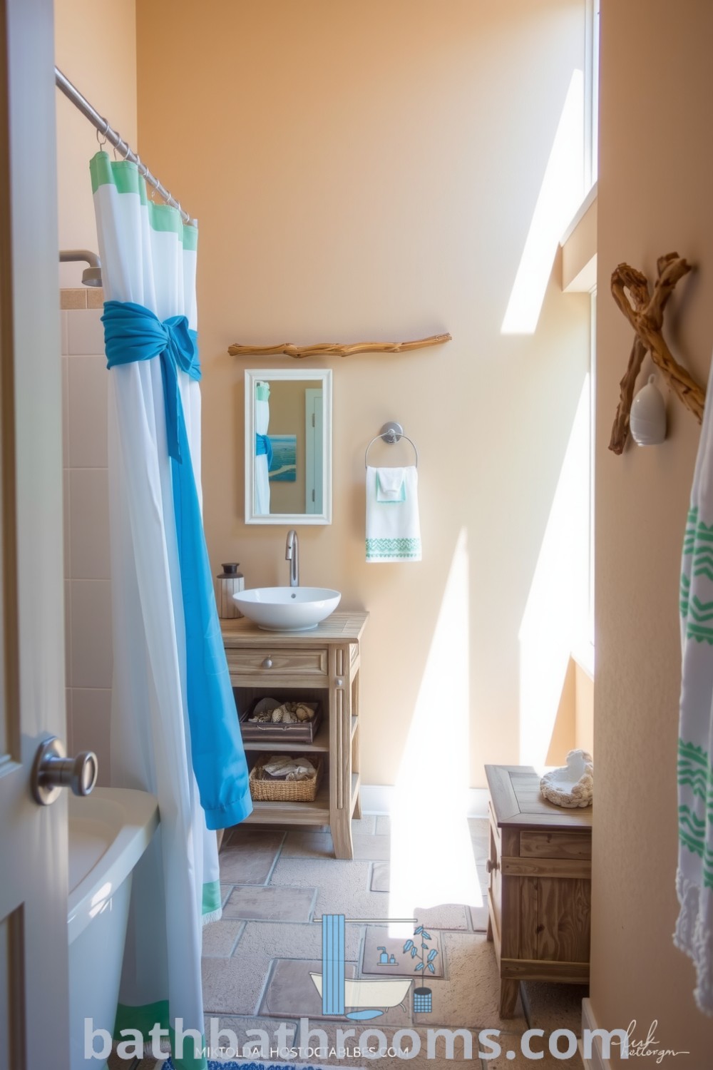 Coastal-inspired bathroom featuring sandy beige walls, a weathered wooden vanity, natural stone tiles, seashells, and a vibrant blue shower curtain, creating a serene and inviting atmosphere. Discover more inspiring decor ideas for your home at bathbathrooms.com.