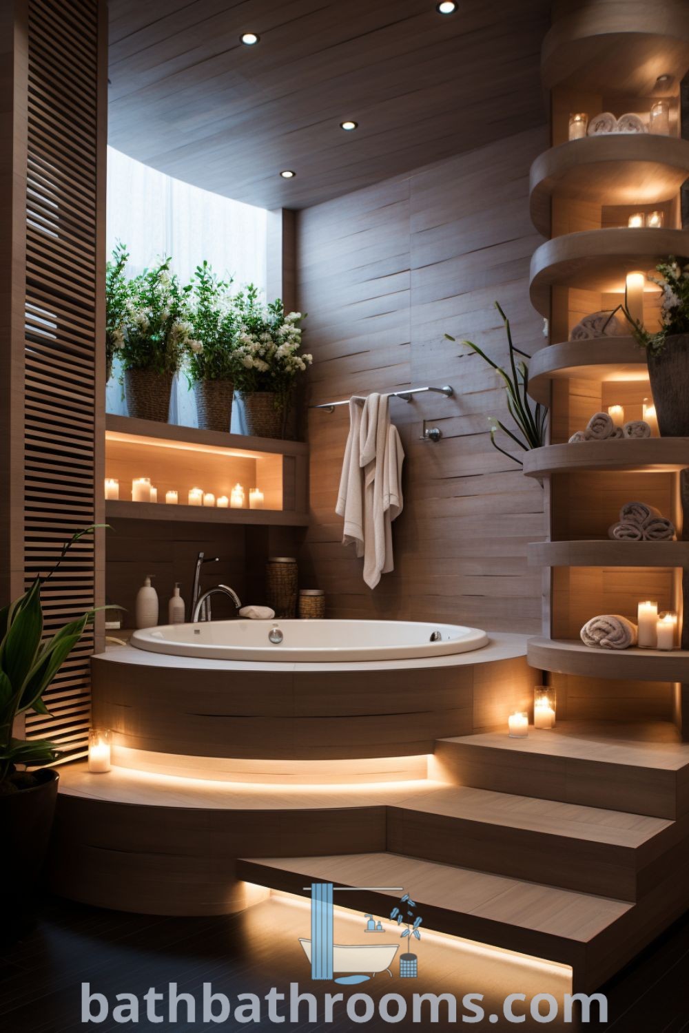 A luxurious outdoor jacuzzi setting showcasing a hot tub surrounded by elegant decor and lush greenery, perfect for romantic and high-end bathroom design inspirations. Discover more unique ideas for your home at bathbathrooms.com.