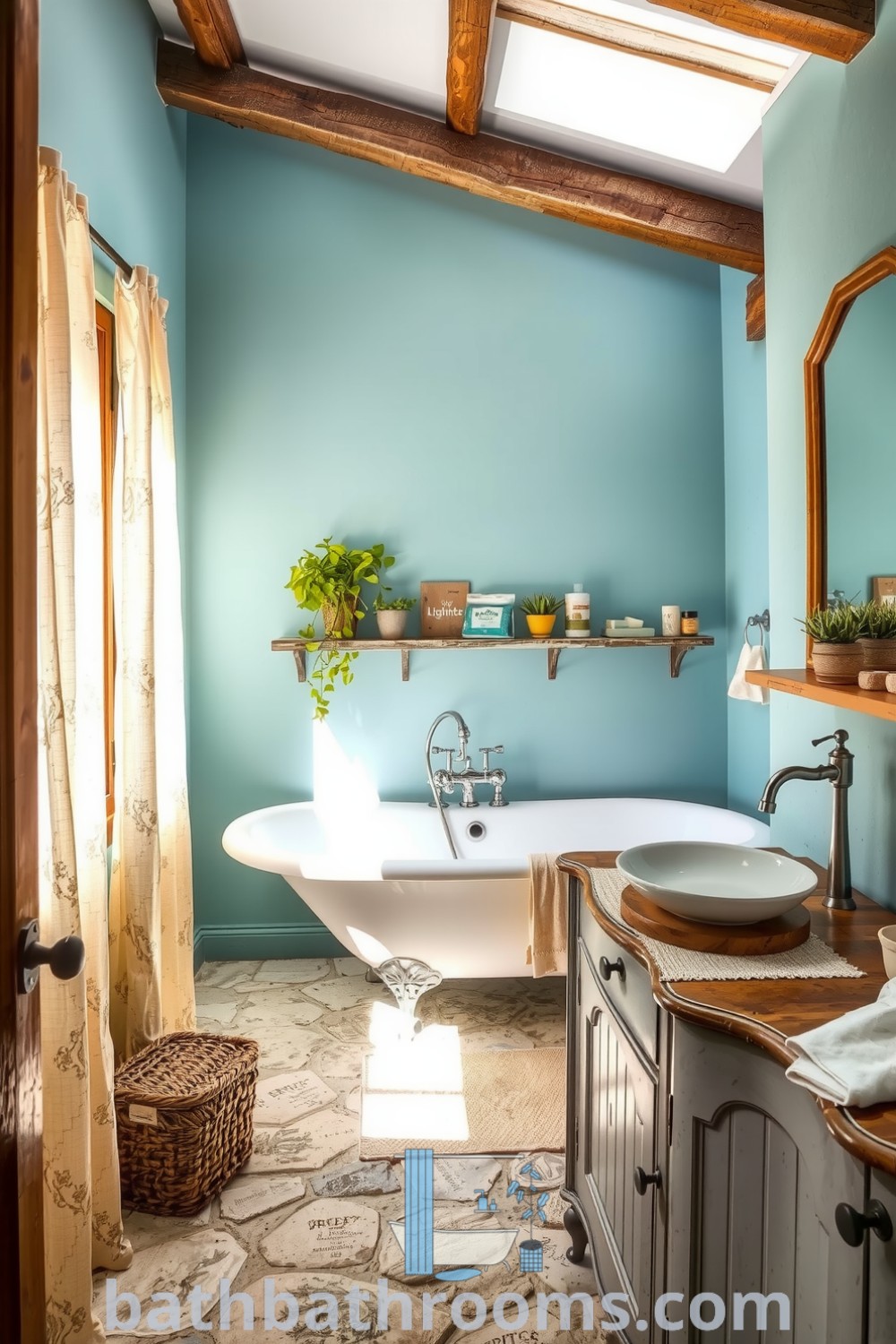 Cozy Provence bathroom featuring soft blue walls, a vintage freestanding tub, rustic wooden shelves with potted herbs, and a charming ceramic sink on an antique vanity, creating a tranquil and inviting space. Discover more cozy home design ideas at bathbathrooms.com.