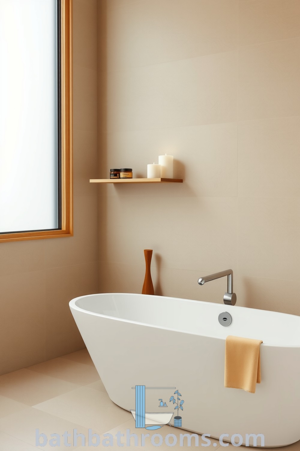 Minimalist bathroom featuring soft sand tones, a freestanding tub, natural wood accents, textured stone walls, and neatly arranged candles, creating an inviting and serene atmosphere. Discover cozy design ideas for your home at bathbathrooms.com.