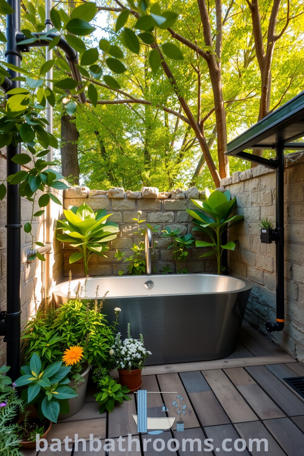 Cozy outdoor bathroom featuring an industrial design with a brushed steel freestanding tub, weathered wooden deck, exposed metal piping, and surrounded by greenery and wildflowers. Discover unique ideas for your home at bathbathrooms.com.