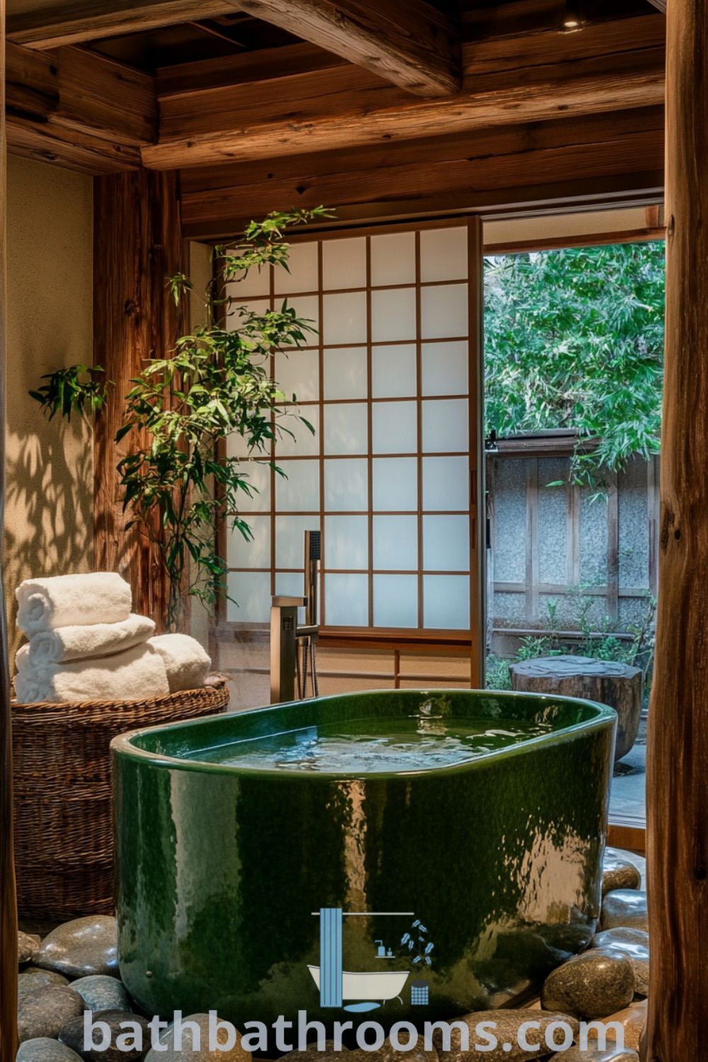 Serene Japanese bathroom featuring smooth river stones, warm wooden beams, a deep green ceramic tub, and bamboo accents, creating a tranquil atmosphere filled with natural light. Discover unique decor ideas for your home at bathbathrooms.com.