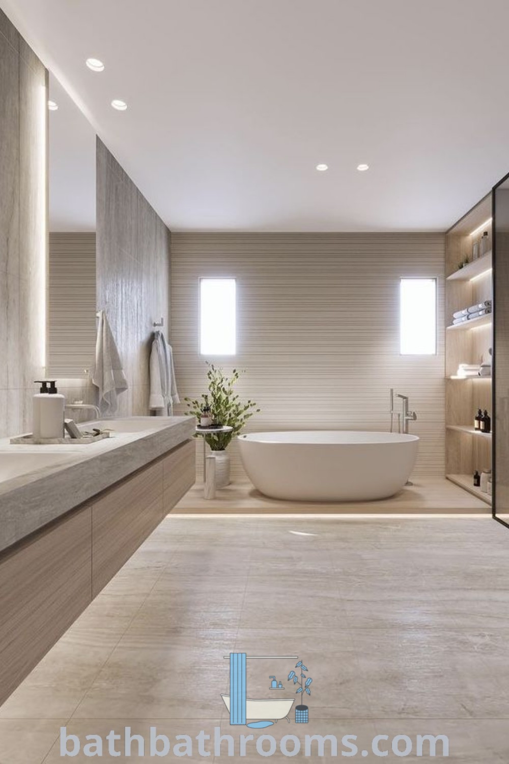 A large modern master bathroom featuring a tub and sink showcases contemporary bathroom designs and luxury tiles, offering cozy decor ideas for a stylish and functional space. Discover more inspiring design ideas at bathbathrooms.com.
