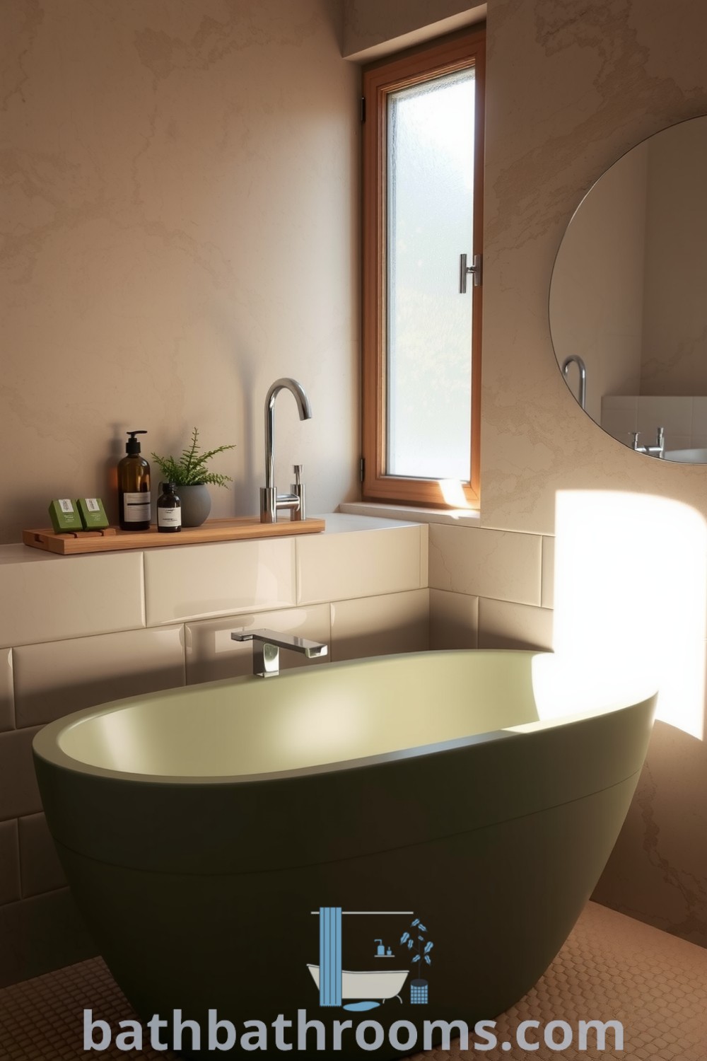 Serene minimalist bathroom featuring an olive-hued tub, natural stone walls, and sunlight streaming through a frosted window. Includes a wooden shelf with artisanal soap bars and a small potted plant, creating a calming atmosphere. Discover more cozy home ideas at bathbathrooms.com.