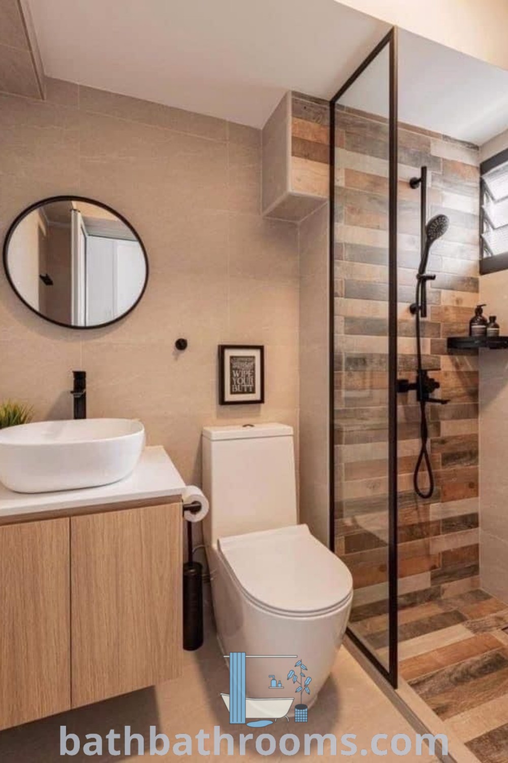 A modern bathroom featuring decorative tiles, a sleek sink, and a stylish mirror, showcasing contemporary decor ideas and inspirations for small spaces. Explore luxurious and functional designs at bathbathrooms.com.