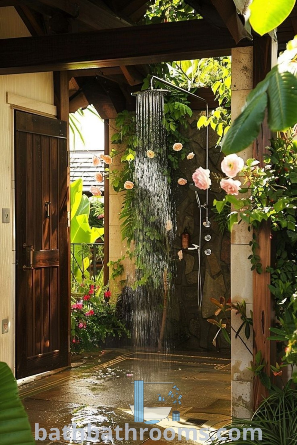 An outdoor shower surrounded by flowers and greenery, showcasing a stunning geometric tile design. This inspiring space captures outdoor bathroom design ideas, providing unique inspirations for Tuscany house aesthetics. Discover more cozy ideas at bathbathrooms.com.