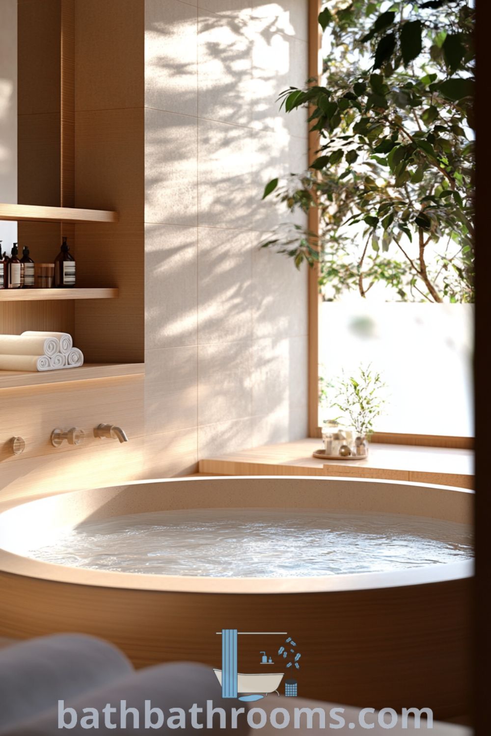 Cozy Japanese bathroom featuring natural wood accents, smooth stone textures, a deep soaking tub, and bamboo shelves, creating a tranquil and inviting atmosphere. Discover inspiring design ideas for your home at bathbathrooms.com.