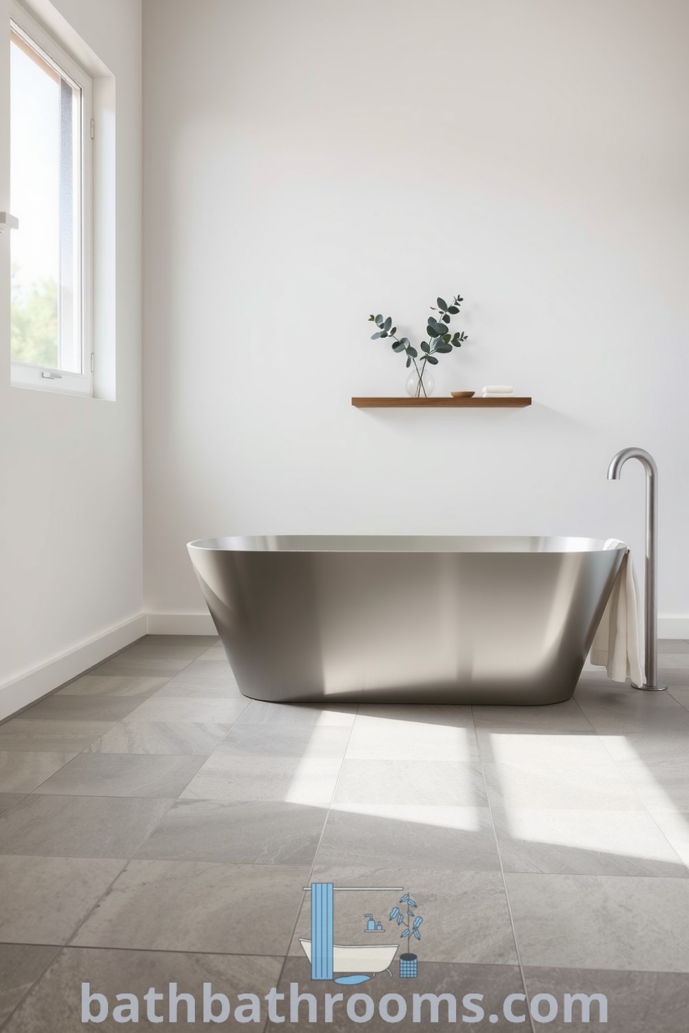 Minimalist bathroom featuring smooth grey stone tiles, a sleek silver tub, and natural wood accents, enhanced by light filtering through a frosted window. Explore more cozy home decor ideas at bathbathrooms.com.