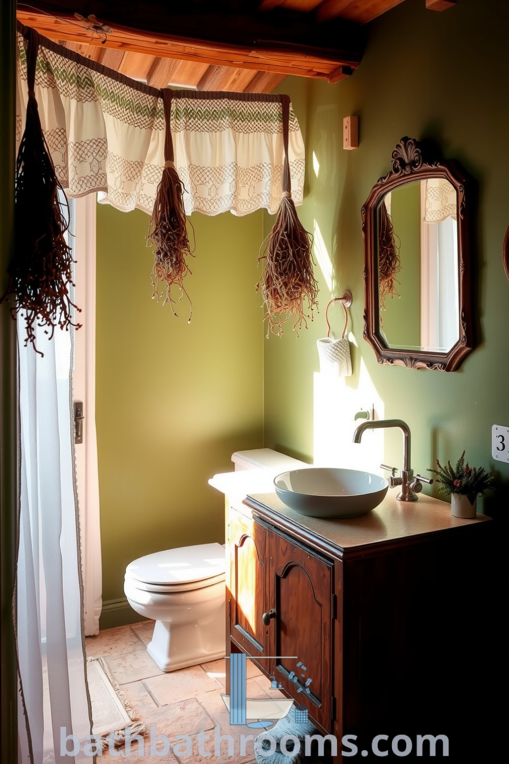 Cozy Provence bathroom featuring sage-hued walls, a rustic wooden vanity with a porcelain sink, textured stone floor, vintage mirror, and dried herbs hanging, creating a tranquil setting. Discover inspiring decor ideas for your home at bathbathrooms.com.