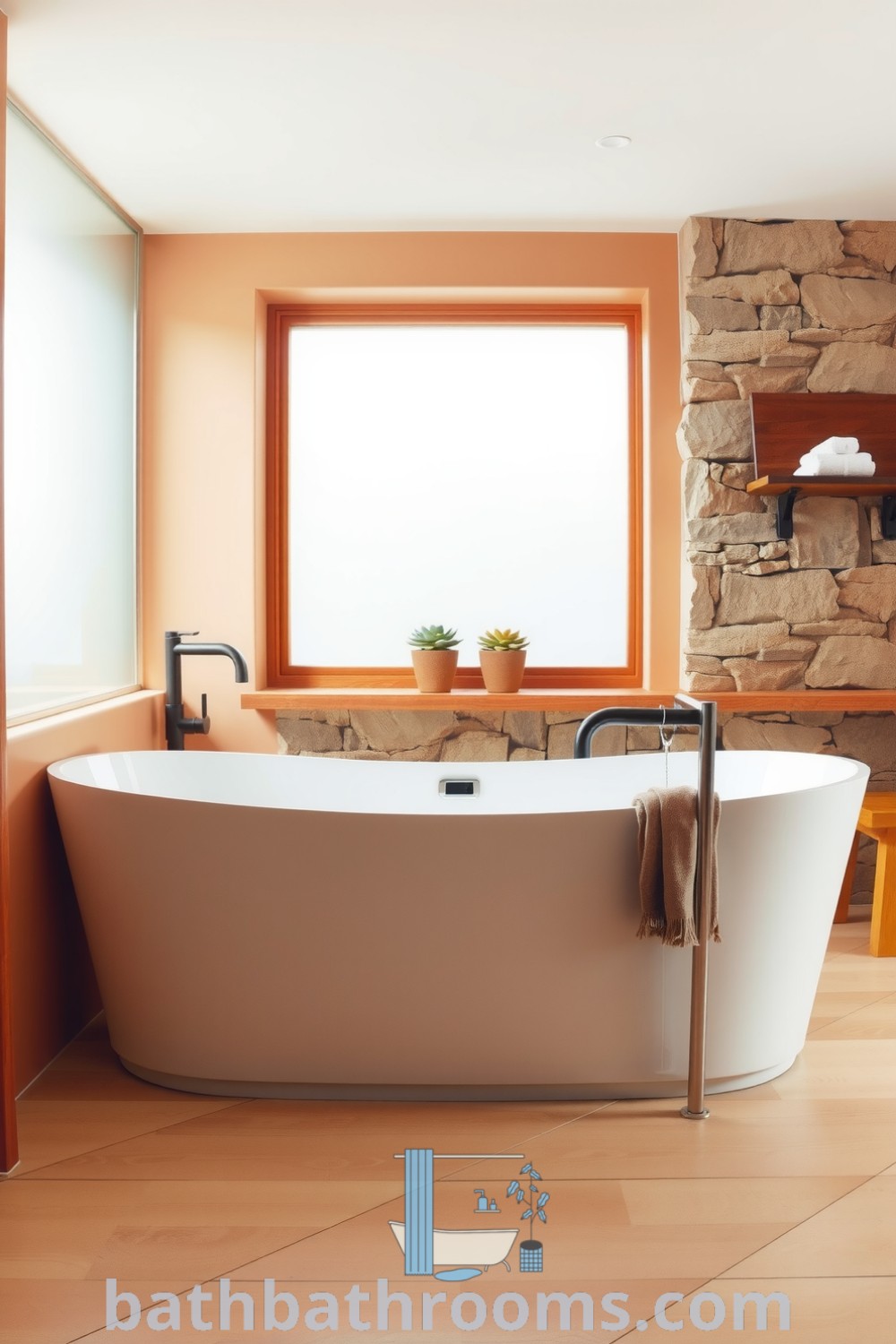 Cozy peach-toned minimalist bathroom featuring a freestanding tub, warm wooden accents, a textured stone wall, and green succulents, creating an inviting and serene atmosphere. Discover more inspiring decor ideas for your home at bathbathrooms.com.