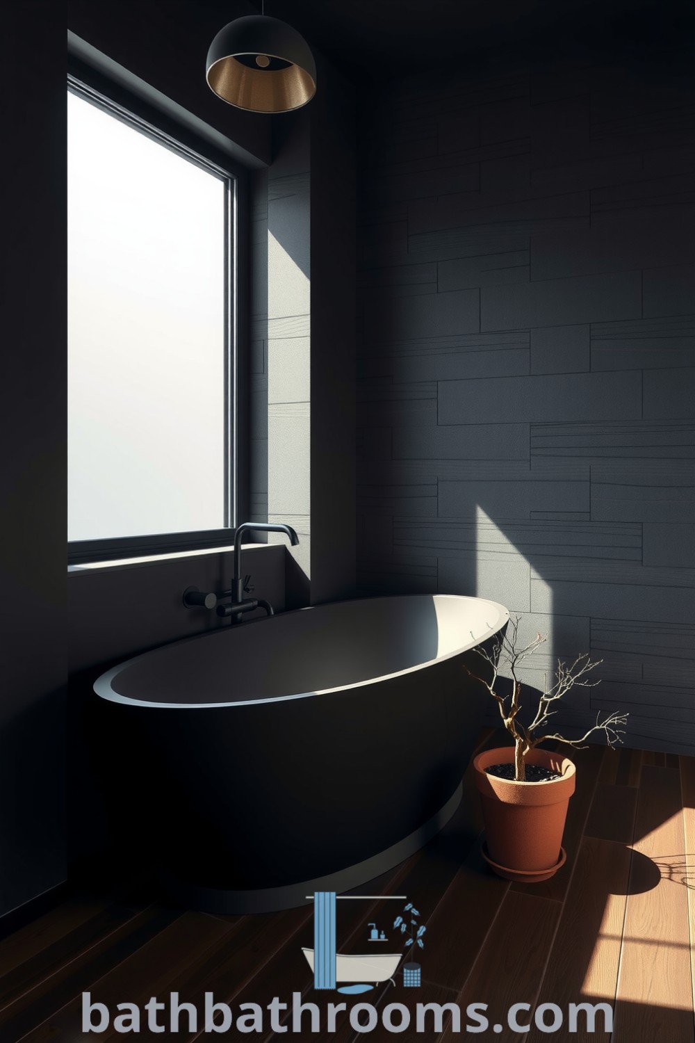 Elegant black bathroom featuring a freestanding matte tub, textured stone walls, frosted window light, and greenery in a clay pot, creating a serene and sophisticated retreat. Discover inspiring decor ideas for your home at bathbathrooms.com.