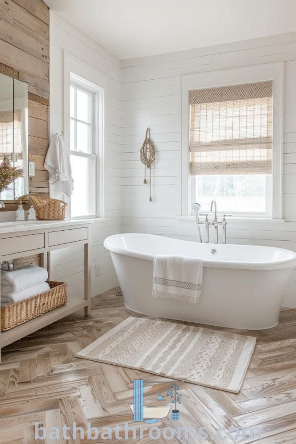A bright modern farmhouse bathroom showcasing a white bathtub next to a window, complemented by wooden accents and shiplap walls. Discover more farmhouse bathroom design inspirations at bathbathrooms.com.