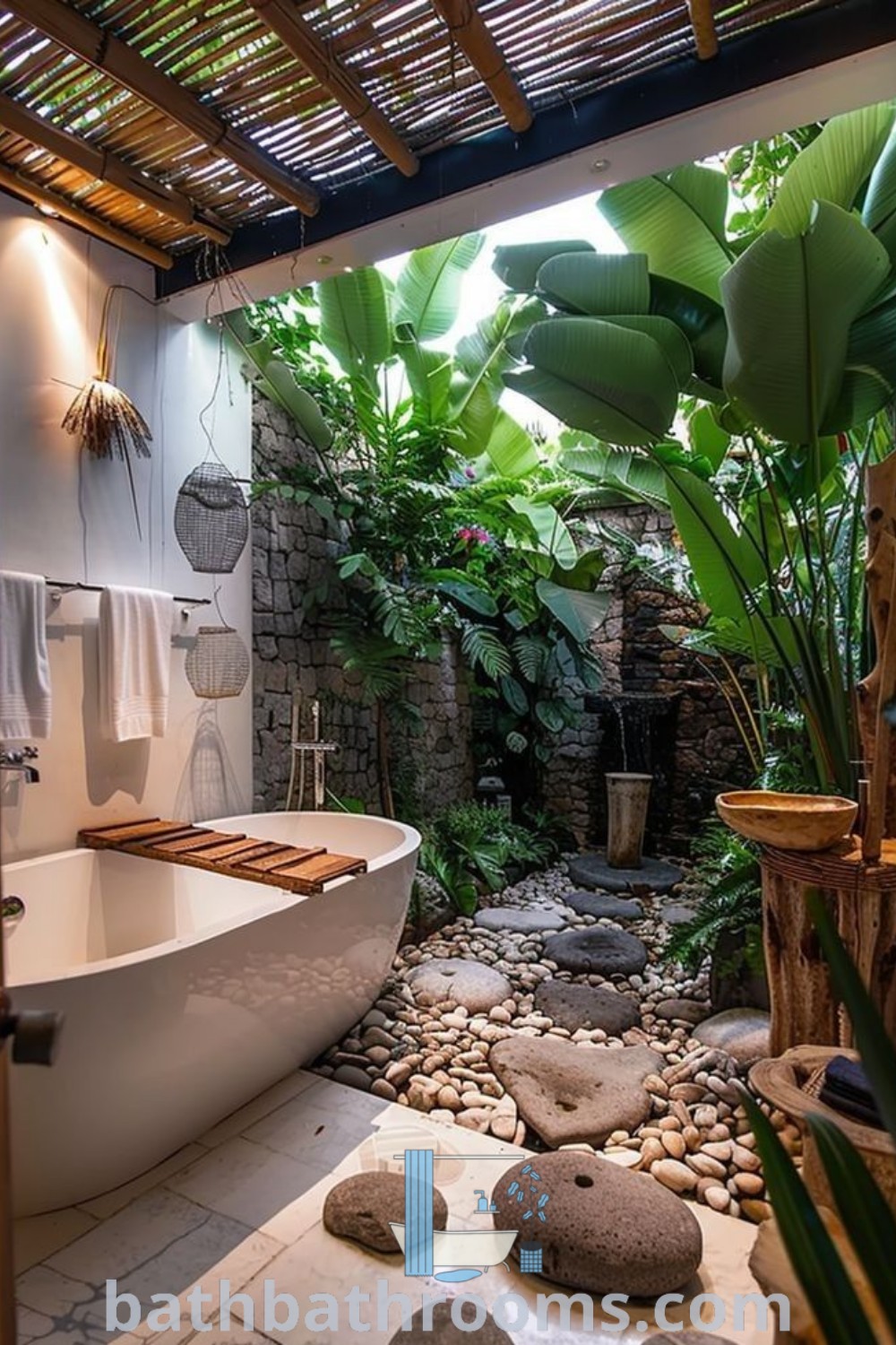 A luxurious bathroom designed in Bali Jungle Villa style, showcasing stone flooring, vibrant plants in the shower area, and an outdoor bathtub. This outdoor bathroom design embodies cozy decor ideas, perfect for creating a relaxing oasis. Find inspiring design ideas at bathbathrooms.com.