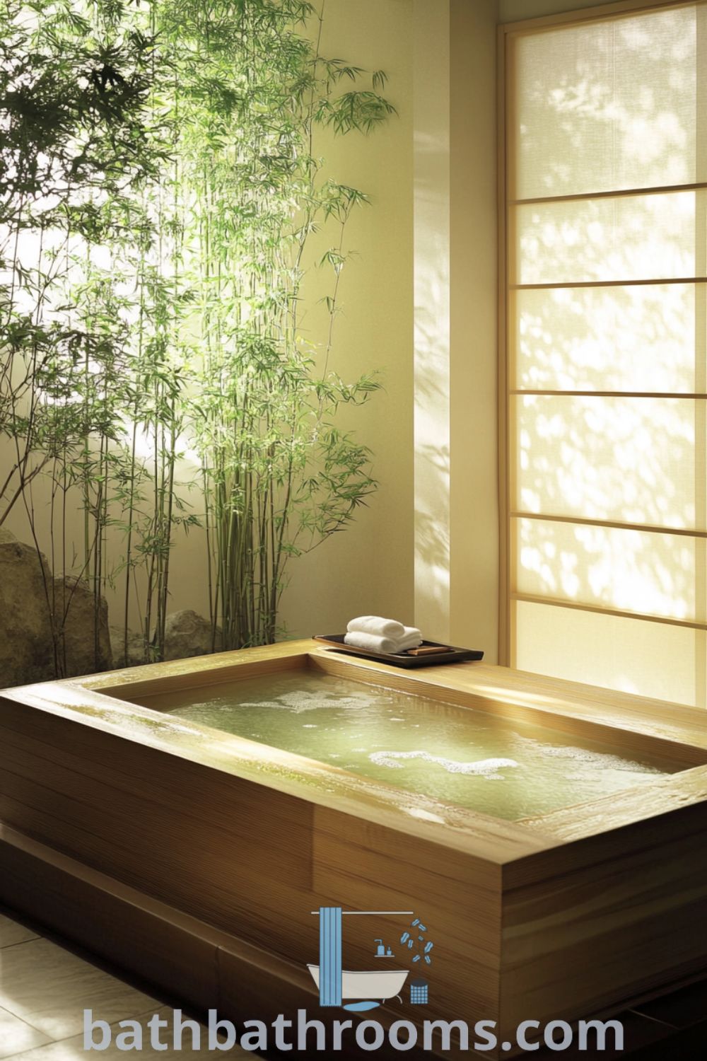 Cozy Japanese bathroom featuring a deep wooden tub, green accents, shoji screens, and a smooth stone floor, creating a tranquil and inviting atmosphere. Discover more inspiring decor ideas for your home at bathbathrooms.com.