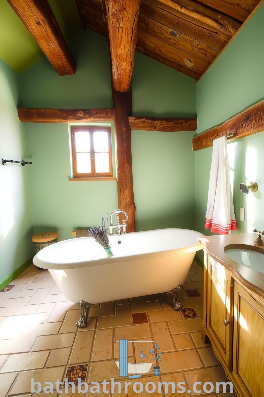 Provence bathroom featuring mint green walls, rustic wooden beams, vintage clawfoot tub, and lavender decor, creating a cozy and inviting atmosphere. Discover inspiring decor ideas for your home at bathbathrooms.com.