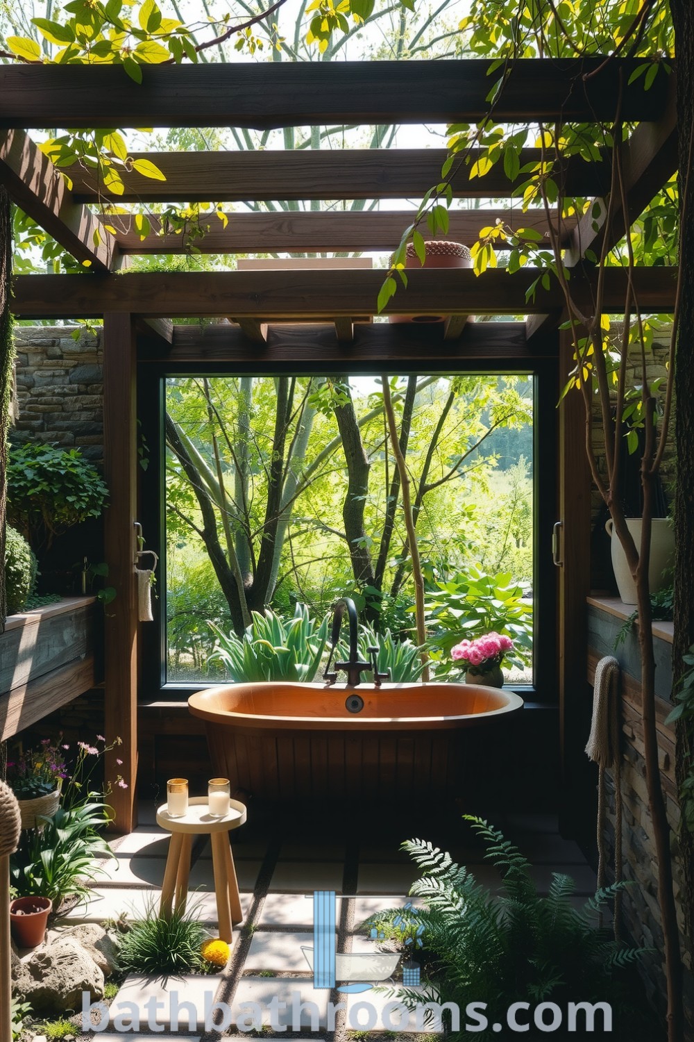 Rustic outdoor bathroom featuring a wooden bathtub beneath an open sky, surrounded by wildflowers and ferns, creating a serene retreat that embraces nature. Discover inspiring decor ideas for your home at bathbathrooms.com.