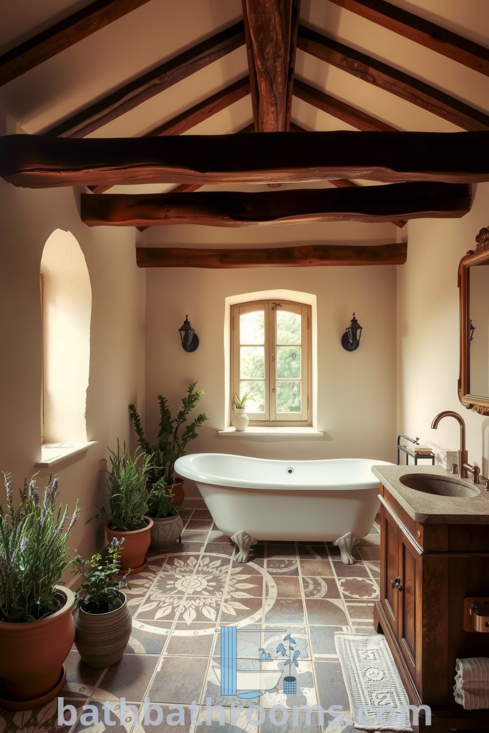 Cozy Provence bathroom featuring creamy walls, rustic wooden beams, a vintage freestanding tub, and natural stone sink on a wooden vanity, creating an inviting retreat. Explore inspiring decor ideas for your home at bathbathrooms.com.