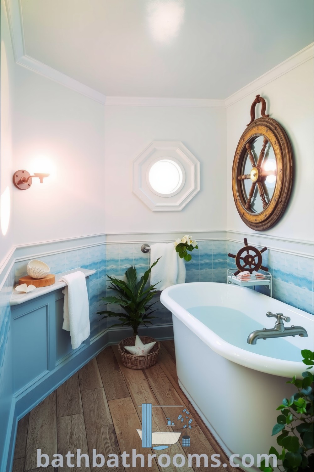 Nautical bathroom with soft blue and white hues, weathered wood planks, seaside mural, freestanding tub, seashell accents, and porthole windows, offering cozy decor inspiration for your home. Discover more unique ideas at bathbathrooms.com.
