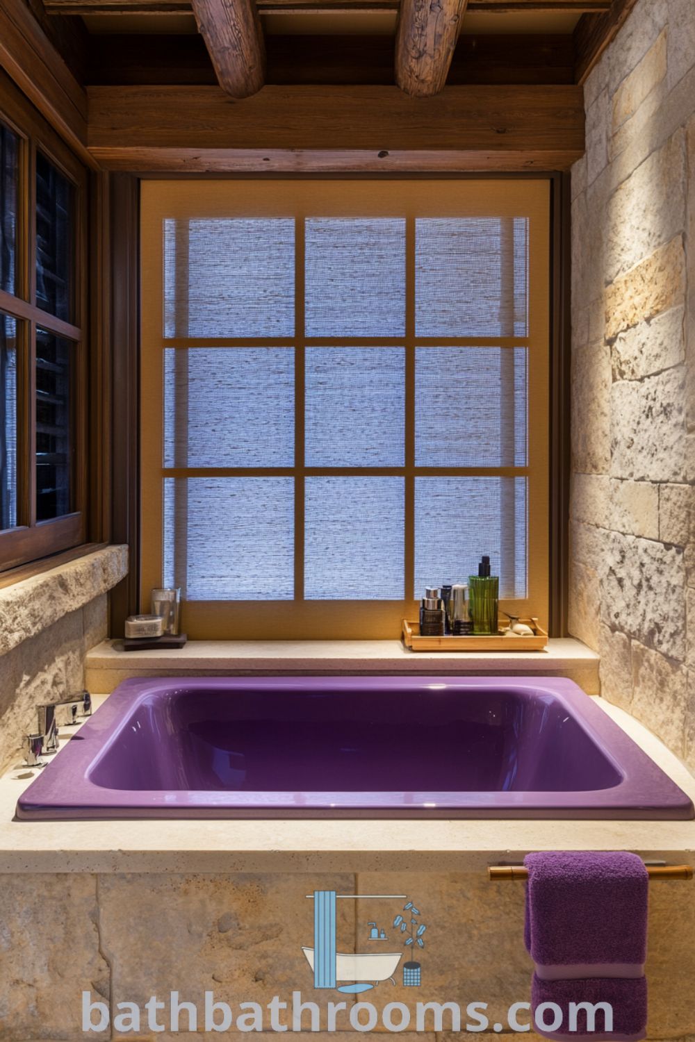 Japanese bathroom with a lavender-hued tub, warm wooden beams, smooth stone walls, bamboo accessories, and a soft glow from a shoji screen, creating a serene and inviting atmosphere. Explore more cozy decor ideas at bathbathrooms.com.