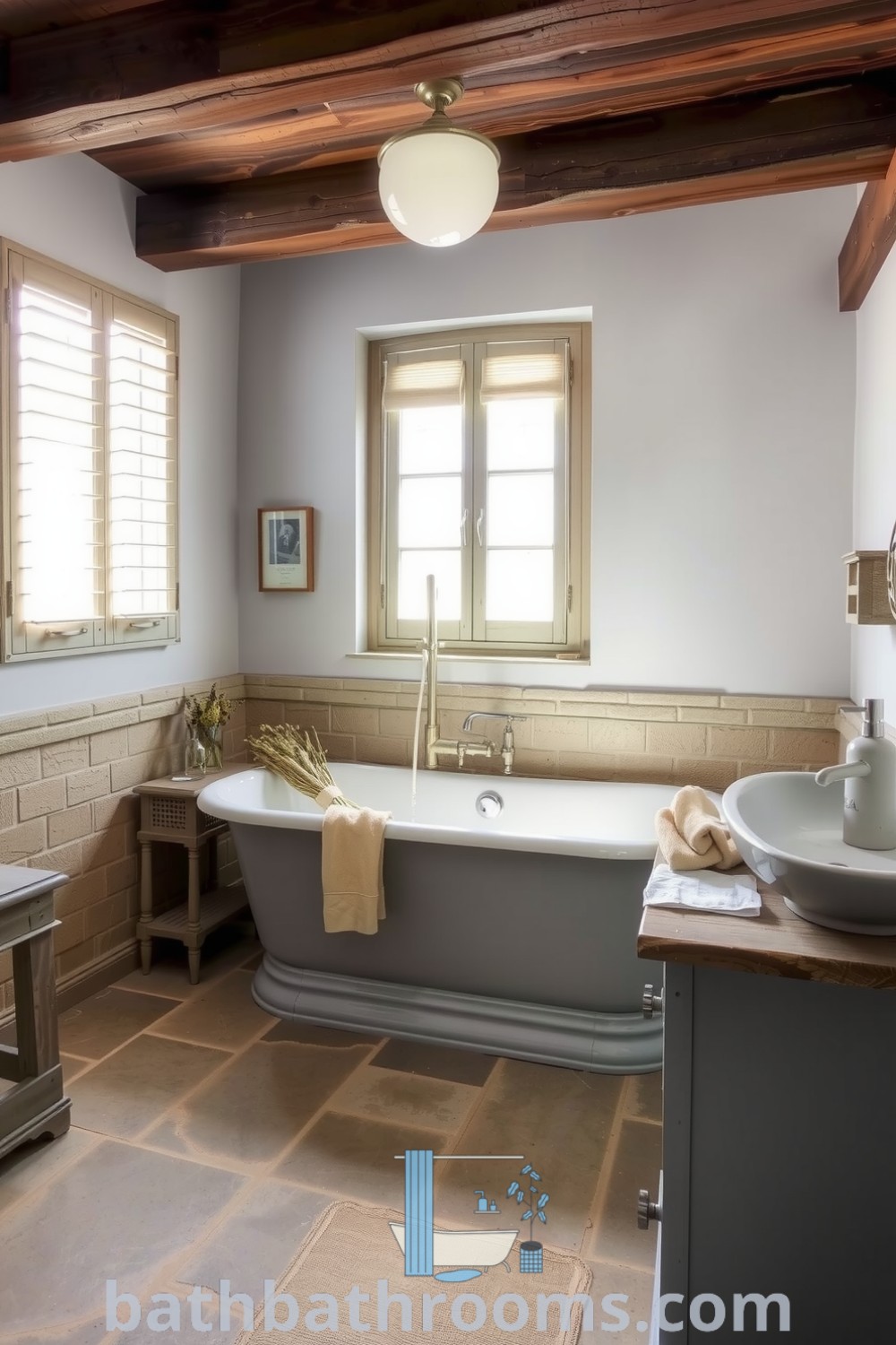Cozy gray Provence bathroom featuring weathered stone tiles, a light gray freestanding tub, and wooden beams, creating a tranquil and inviting retreat. Discover inspiring decor ideas for your home at bathbathrooms.com.