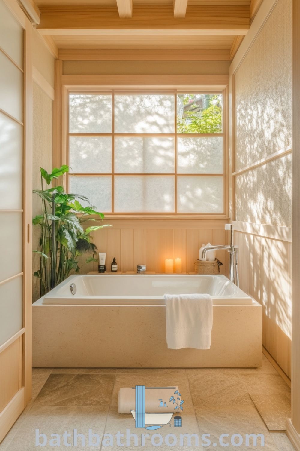 Serene Japanese bathroom featuring a deep soaking tub, natural wood paneling, smooth stone floor, and bamboo accents, designed for relaxation and tranquility. Discover inspiring decor ideas at bathbathrooms.com.