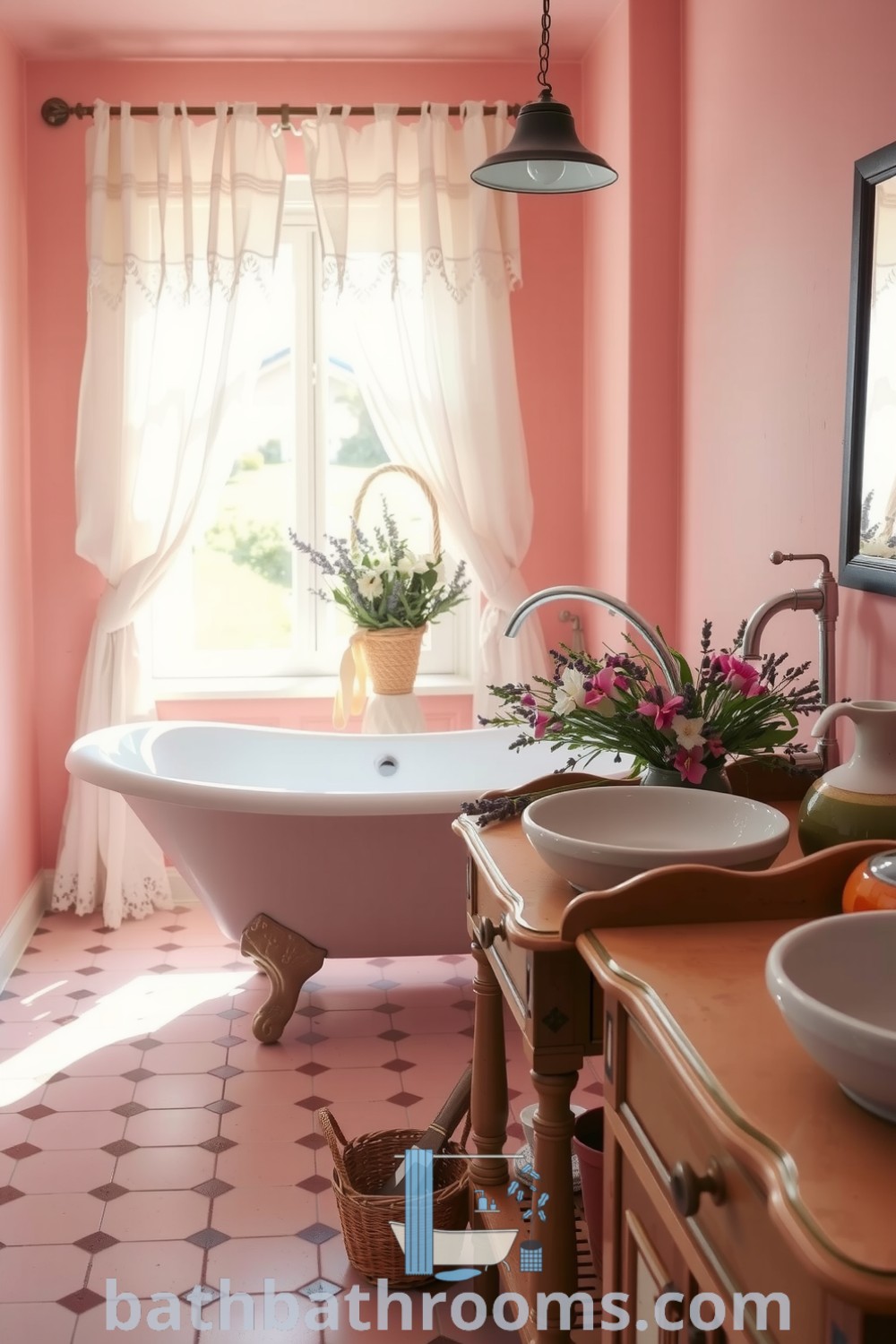 Cozy Provence bathroom featuring soft pink hues, a rustic clawfoot tub, a wooden vanity with a delicate porcelain sink, and floral decor, creating a serene and inviting atmosphere. Discover more decor ideas for your home at bathbathrooms.com.