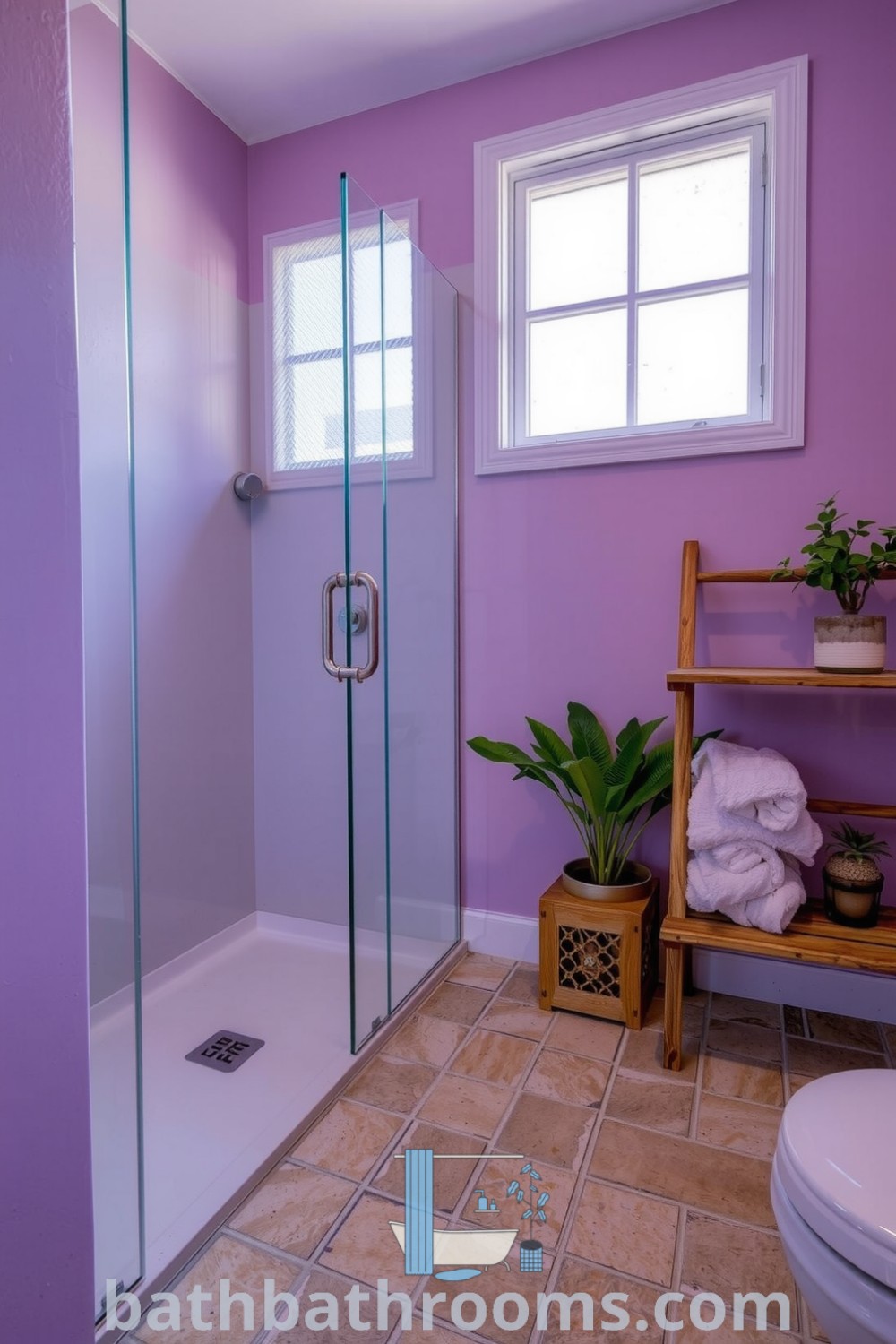 Cozy bathroom featuring a frameless glass shower, soft lavender walls, stone tiles, and wooden shelving with plush towels and potted plants, creating a tranquil and inviting atmosphere. Discover inspiring decor ideas for small spaces at bathbathrooms.com.