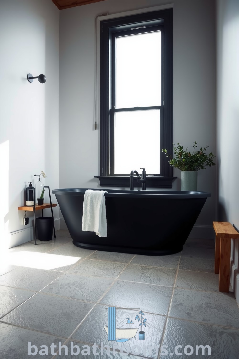 Minimalist black bathroom featuring a bold matte black freestanding tub, smooth white walls, textured stone floor, and warm wood accents, enhanced by a potted plant. Discover unique decor ideas for your cozy home at bathbathrooms.com.