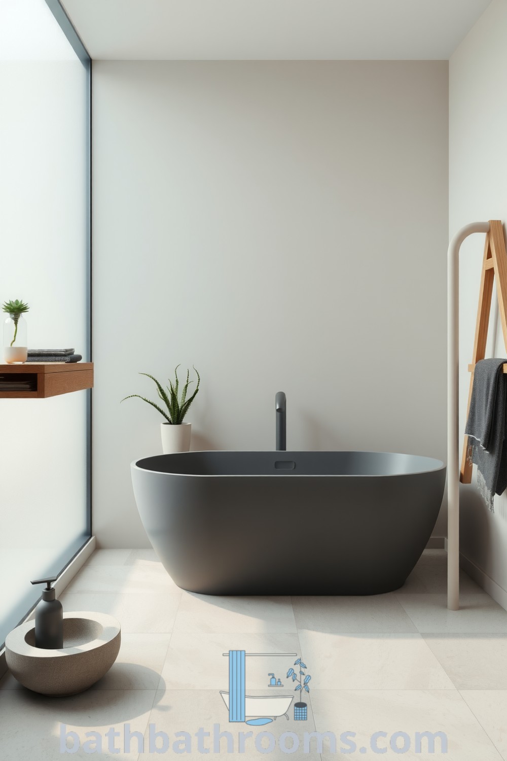 Minimalist bathroom design in soft ash hues featuring a freestanding tub, textured stone tiles, wooden accents, and potted greenery for a serene atmosphere. Discover more cozy decor ideas for your home at bathbathrooms.com.