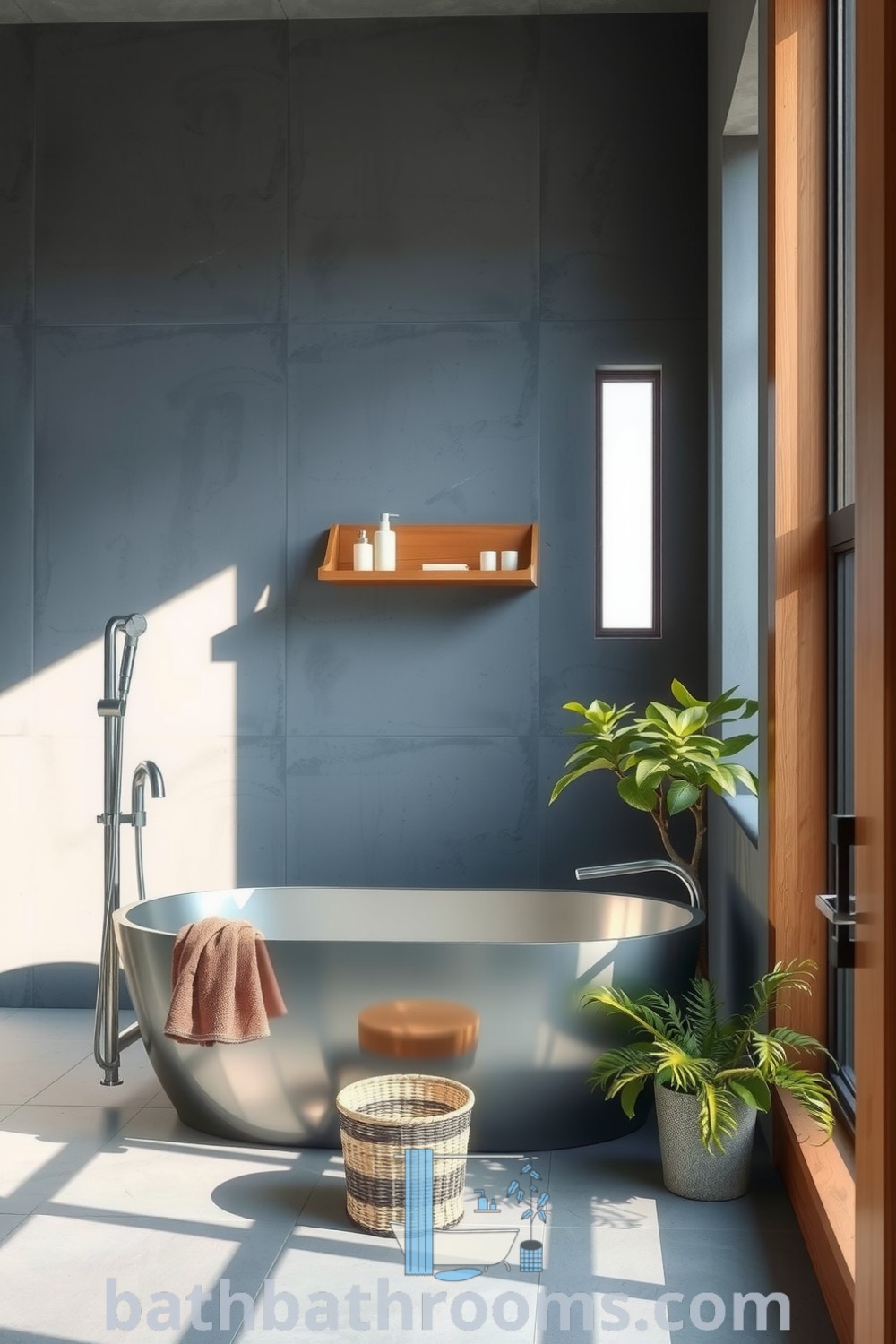 Minimalist bathroom featuring a sleek silver soaking tub, textured gray cement walls, warm wooden accents, and potted greenery, creating a serene and inviting space. Discover more cozy decor ideas at bathbathrooms.com.